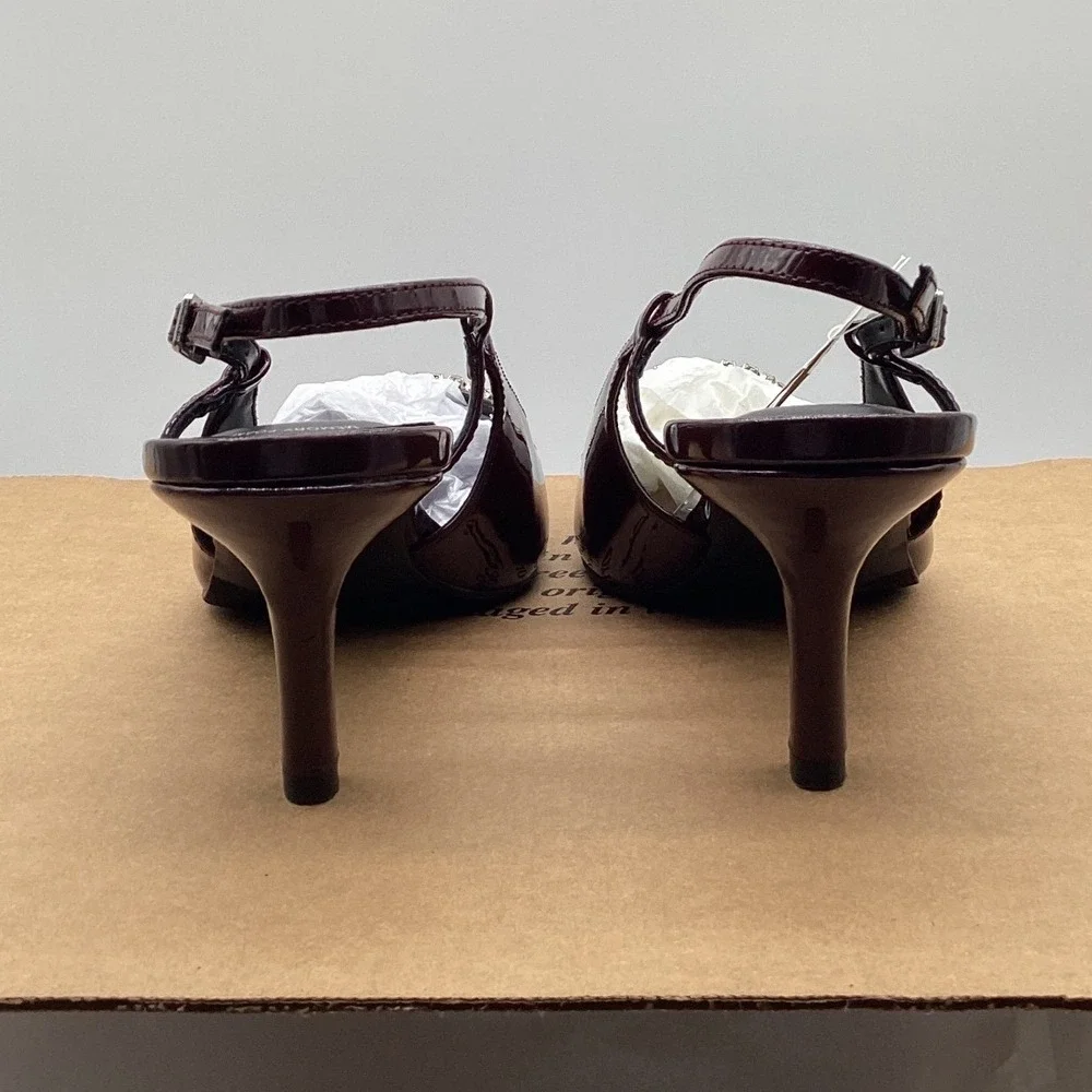 A New Day Womens Burgundy Patent Rhinestone‎ Slingback Kitten Heel Pumps Size 11